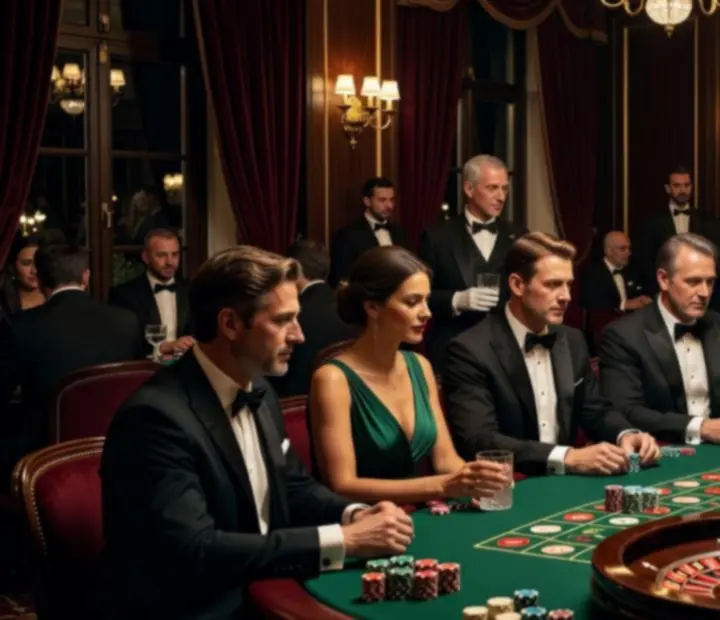 Cinematic kaszinóest csillogó asztalokkal és elegáns vendégekkel