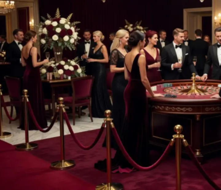 Tematikus Monte Carlo stílusú black tie party vörös szőnyeggel és kaszinóasztalokkal.