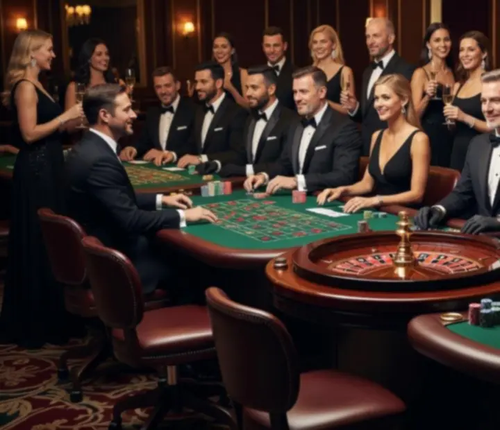 Póker, rulett és blackjack asztalok elegáns, hangulatos megvilágítás mellett.