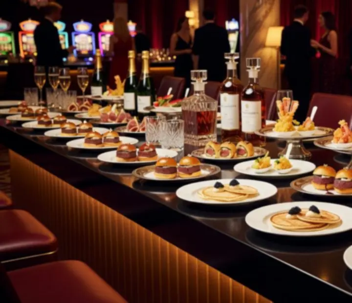 Gourmet catering falatkákkal, elegáns pezsgőspoharakkal és prémium italpulttal VIP kaszinóesten