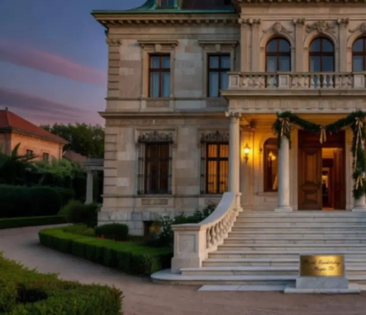 Elegáns kastély és városi rendezvényterem esti fényben VIP eseményre előkészítve
