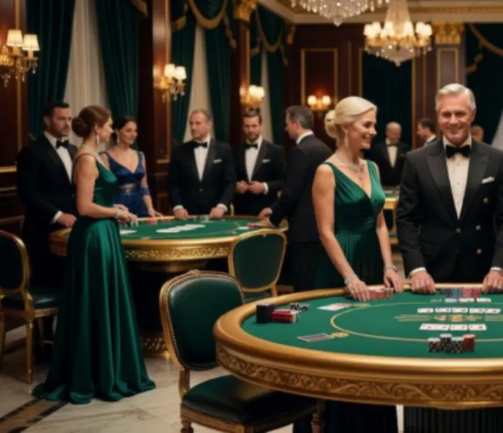 Luxus VIP kaszinóterem arany színű pókerasztalokkal és elegáns vendégekkel