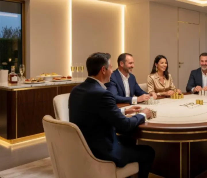 VIP poker night privát villában, hangulatos megvilágítással és luxusberendezéssel.
